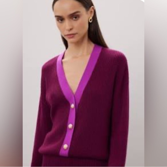 NWT Ramy Brook Deep Burgandy Cardigan with Pink Trim